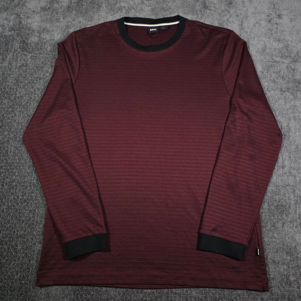 Hugo Boss Mens XXL 2XL Long Sleeve T-Shirt Burgundy Ribbed Crew Neck Pullover